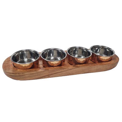 Pickle Tray with 4 Copper Bowls & Wooden Base