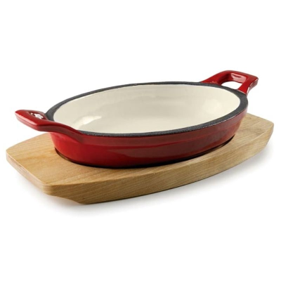 Enamel Finshed Oval Casserole Dish with Wooden Base 17.5cm (Red/Cream)