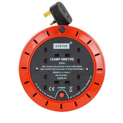 Status 5 Meter Casette Extension Reel 13amp / 4 Socket with Thermal Cut Out