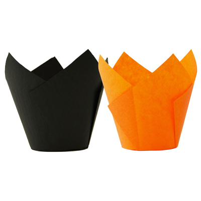 Black & Orange Tulip Baking Cups 8cm Deep 5cm Base (Pack 50)