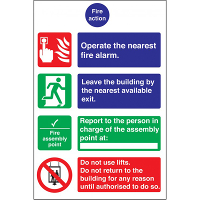 Fire Action Safety Sign Self Adhesive 300 x 200mm