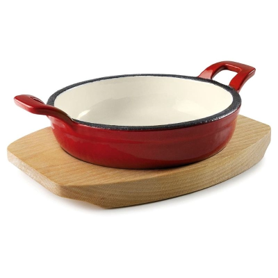 Enamel Finshed Round Casserole Dish with Wooden Base 12cm (Red/Cream)