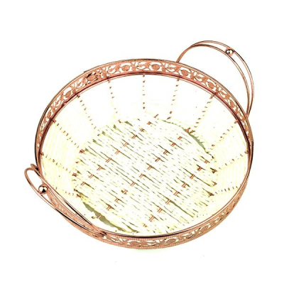 Medium Round Woven Basket With Brass Trim