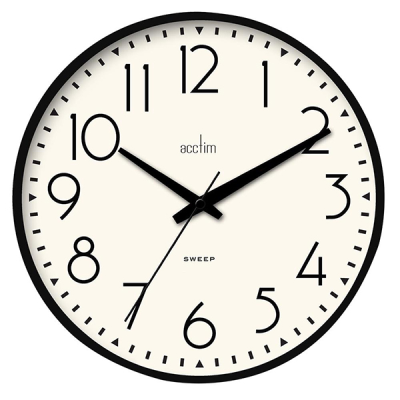 Acctim Earl 250mm Analog Wall Clock, Non Ticking sweep seconds hand - Black