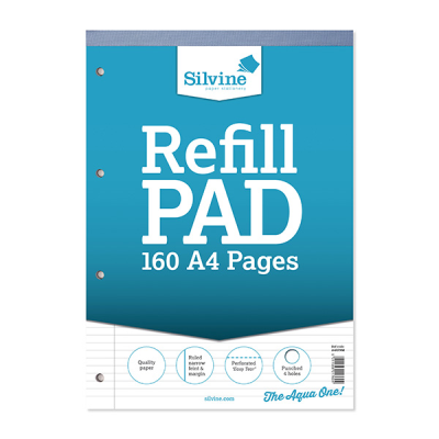 Silvine A4 Refil Pad 160 Pages Narrow Lined with Margin Perforated