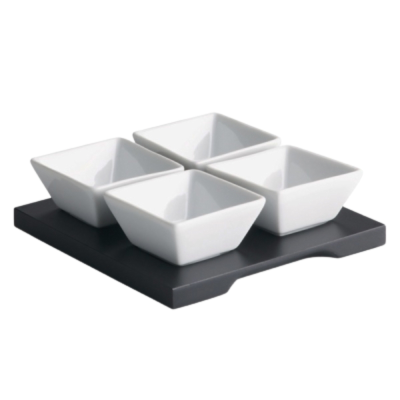 Dip Tray Set Black Wood base with 4 Dishes 15x15cm base / 6.5x3cm Dish