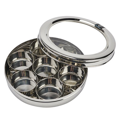 Round Stainless Steel See Through Sleek Masala Daba / Spice box 21.5x5cm 7 compartments