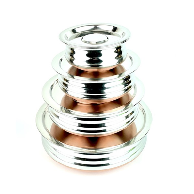 Stainless Steel Round Urli Serving Dish with Copper Bottom & Lid Set of 4 (Pack 4)