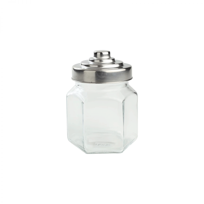 Small Hexagon Glass Jar With Stainless Steel Lid 490ml