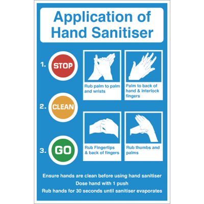 300x200mm Application of hand sanitiser, self adhesive vinyl notice