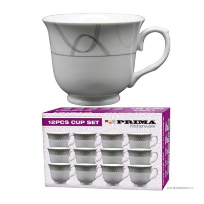 Prima 12 Tea Cups Silver / Grey Swirl Design (Pack 12)