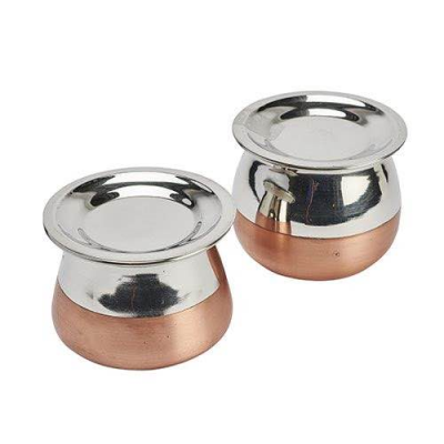 Copper Bottom Steel  Handi Serving Dish with lid Bellied Shape 11(d) x 9.5(h)cm