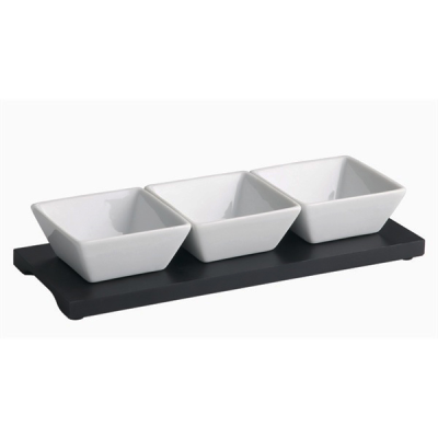 Dip Tray Set Black Wood base with 3 Dishes 27x10cm base / 8x4cm Dish