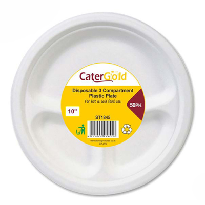 Cater Gold Disposable Plastic Plate 3 Compartment 10" / 25cm (Pack 50)