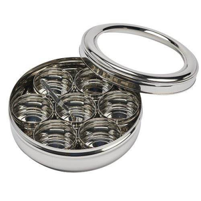 Round Stainless Steel See Through Horizon Masala Daba / Spice box 23x8.5cm 7 compartments