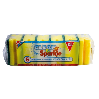 Clean & Sparkle Yellow Handgrip Spong Scourers (Pack 6)