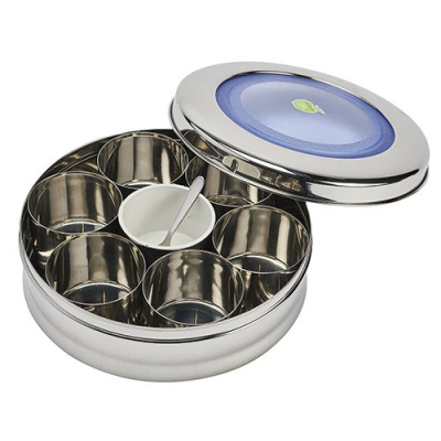 Round Stainless Steel See Through JVL Masala Daba / Spice box 19.5x7cm 7 compartments