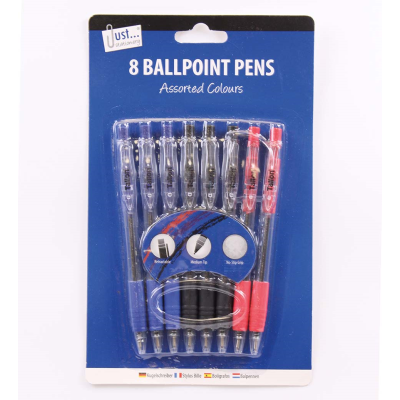 Just Stationery 8 Retractable, Rubber Grip Pens (Pack 8)