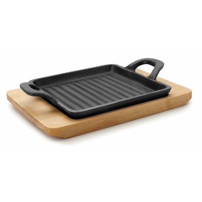 Cast Iron Ribbed Rectangular Dish with Wooden Board 19.5x14x1.7cm