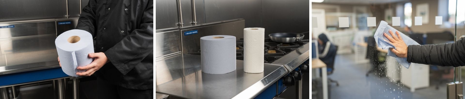 Blue roll in a chefs hand, on a counter, and being used for cleaning