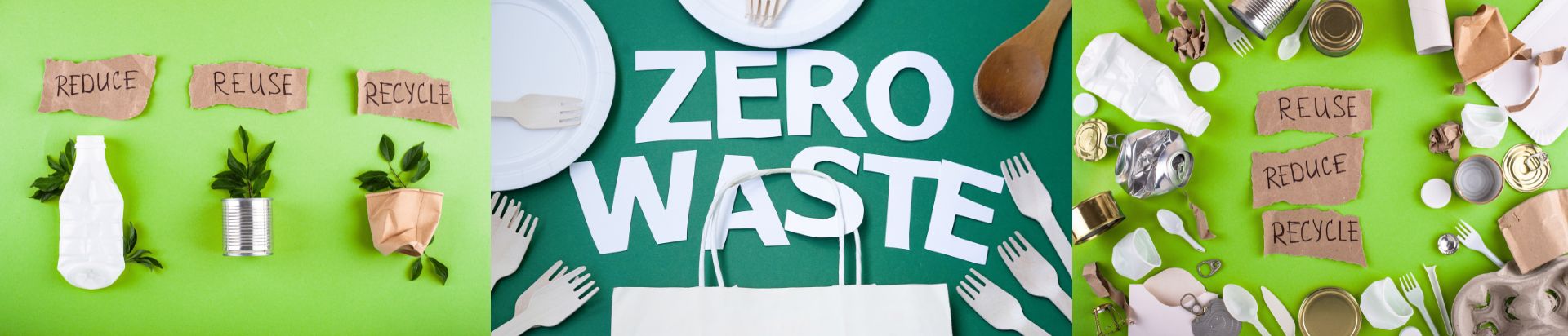 Zero waste image with spoons, plates, paper bags