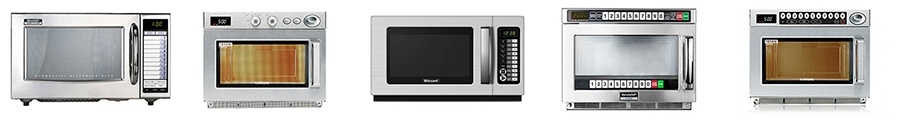 a row of commercial microwaves