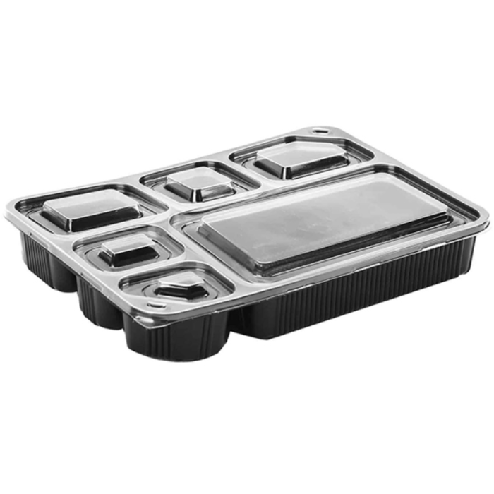 Black Microwaveable Plastic Container Base & Clear Lid 6 Comp. (Pack 150)