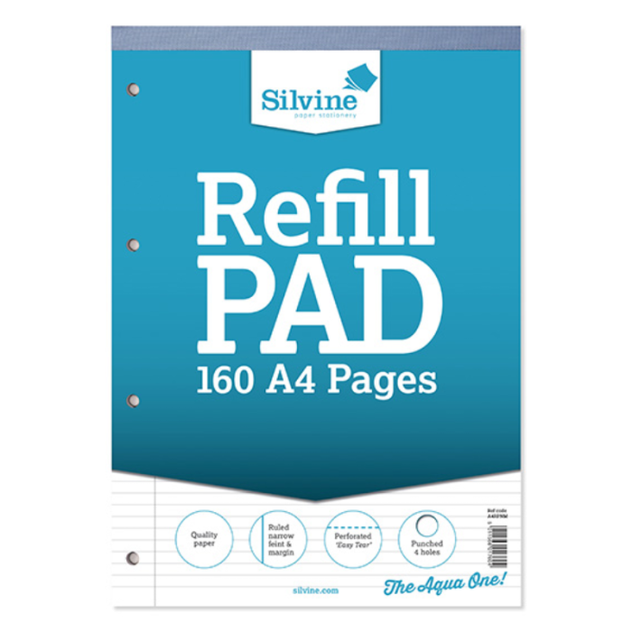 Silvine A4 Refil Pad 160 Pages Narrow Lined with Margin Perforated