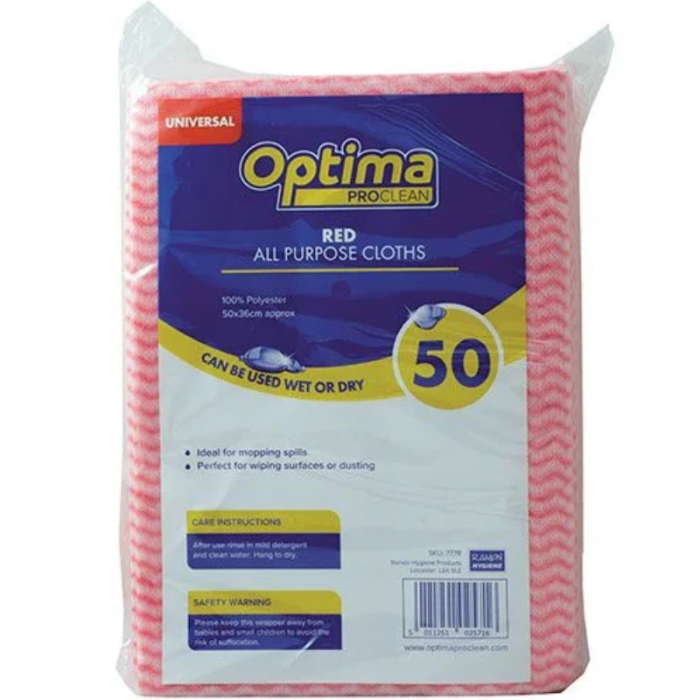 Optima Economy All Purpose Cloths Red 50 x 33cm (Pack 50)