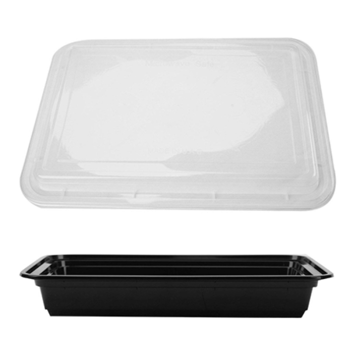 Black Rectangular Microwaveable Plastic Container with Lid 58oz (Pack 150)