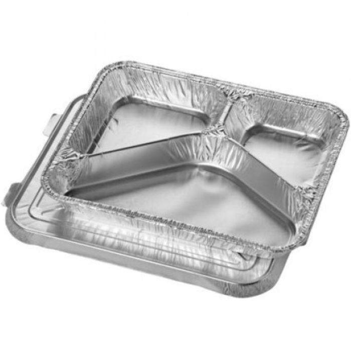 Aluminium Meal Dishes with Lid 3-Compartments 760ml 17.7 x 22.5 x 3cm (Pack 50)