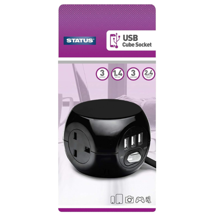 Status Cube Design 3-Socket Extension Lead - 1.4m with 3 x USB
