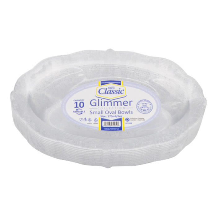 Reusable Oval Silver Glimmer Plastic Bowl 175ml / 6oz (Pack 10)