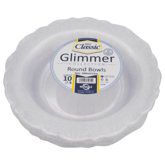 Reusable Round Silver Glimmer Plastic Bowl 340ml / 12oz (Pack 10)