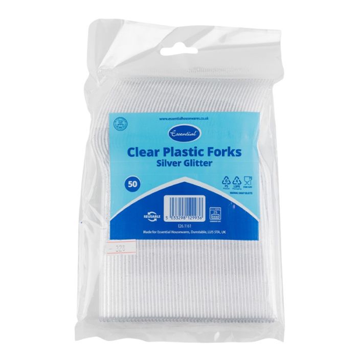 Essential Clear Plastic Fork with Silver Glitter (Pack 50)