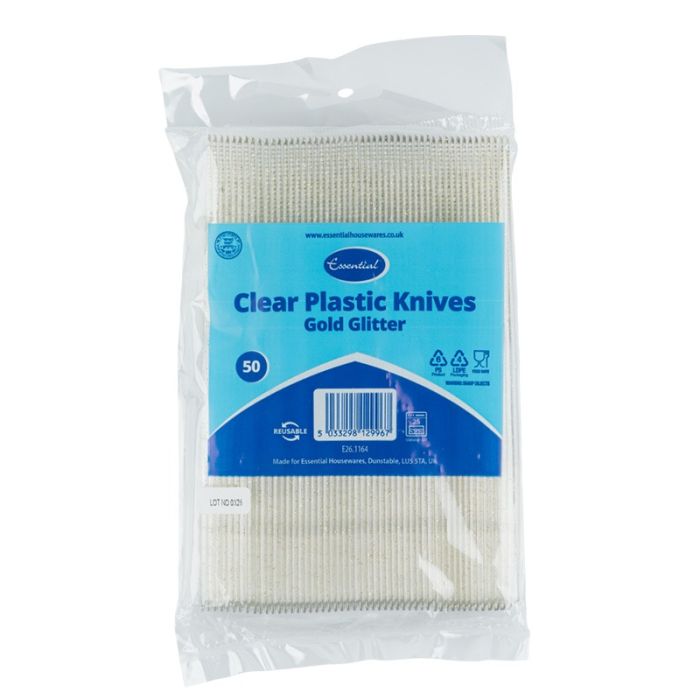 Essential Clear Plastic Knife with Gold Glitter (Pack 50)