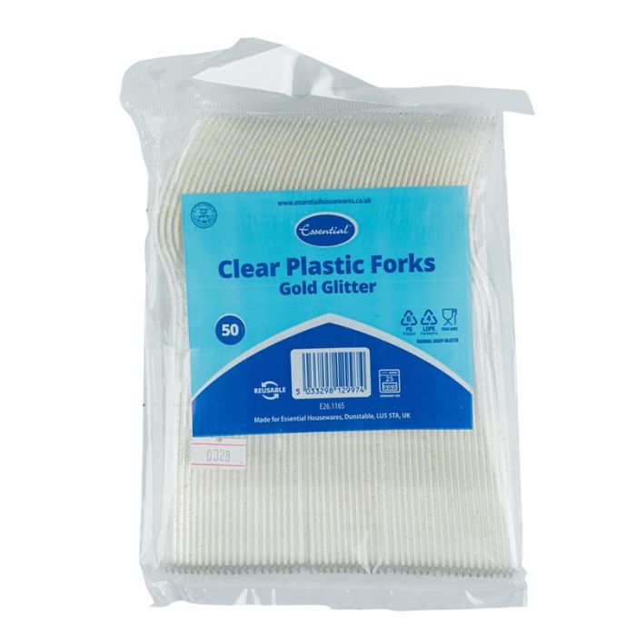 Essential Clear Plastic Fork with Gold Glitter (Pack 50)