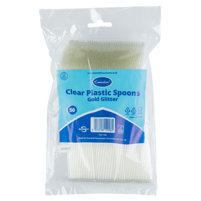 Essential Clear Plastic Spoon with Gold Glitter (Pack 50)