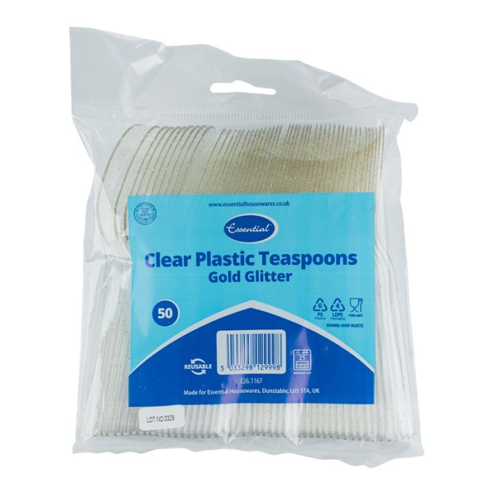 Essential Clear Plastic Teaspoon with Gold Glitter (Pack 50)
