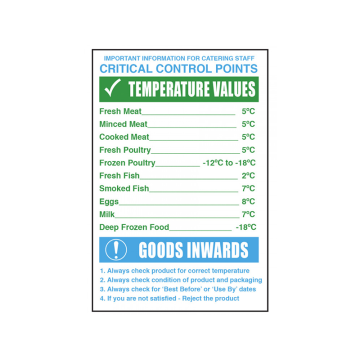 Critical Control Points / Temperature Values Notice Self Adhesive 300 x 200mm