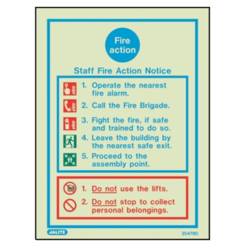 Staff Fire action notice sign 200 x 150mm PVC Photoluminescent Rigid