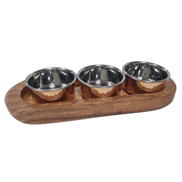 Pickle Tray with 3 Copper Bowls &amp; Wooden Base