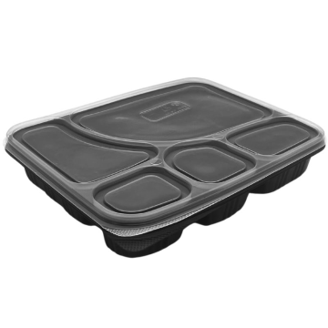 Microwaveable Black Plastic Container &amp; Lid 5 Compartment (Pack 150)