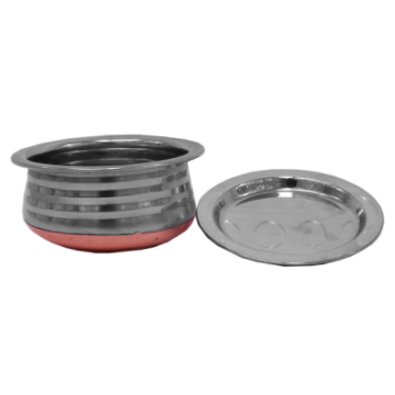 Stainless Steel Round Urli Serving Dish with Copper Bottom &amp; Lid 6.25&quot;