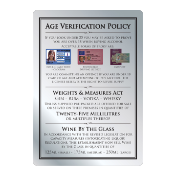 Brushed Silver 3 Part Age Verification Policy 25ml 297 x 210mm