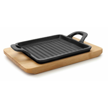 Cast Iron Ribbed Mini Grill with Wooden Board 19.5x14x1.7cm