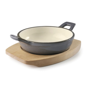 Enamel Finshed Round Casserole Dish with Wooden Base 12cm
