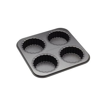 MasterClass Non-Stick Four Hole Loose Base Fluted Mini Tartlet Pan 26x26cm / 10x3cm