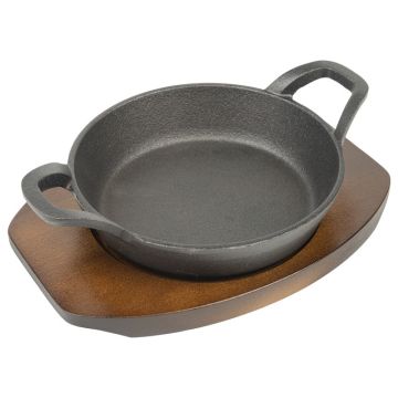 Cast Iron Round 16cm Eared Dish Sizzler and Wooden Base