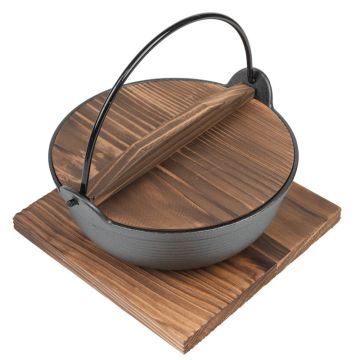 Cast Iron 7.25&quot; Oriental Cooking Pot Karahi with Wooden Lid and Base